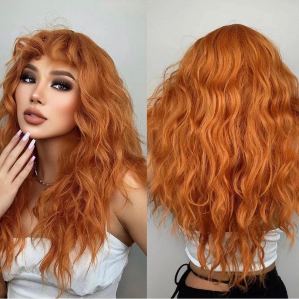 Beautiful Natural Long Orange Ginger Curly Synthetic Wig with Bangs